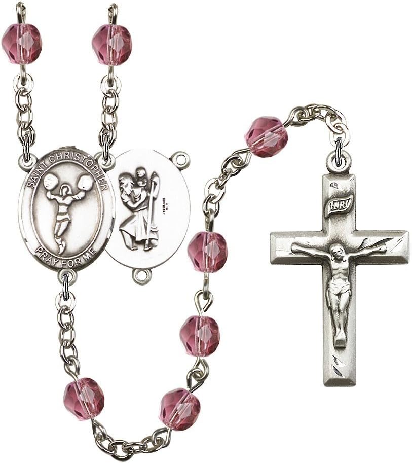 St. Christopher/Cheerleading Silver-Plated Rosary 6mm February Purple Fire Polished Beads Crucifix Size 1 3/8 x 3/4 medal