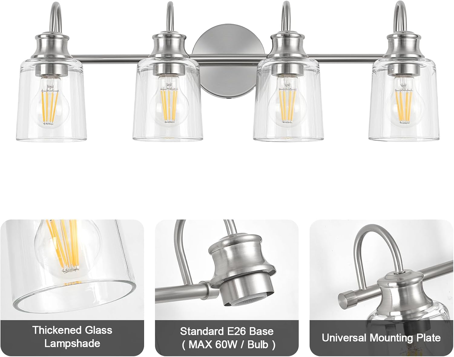 4 Lights Bathroom Light Fixtures Modern Brushed Nickel Vanity Lights for Bathroom Lighting Fixtures Over Mirror with Clear Glass Shade for Cabinet Mirror Bedroom Hallway