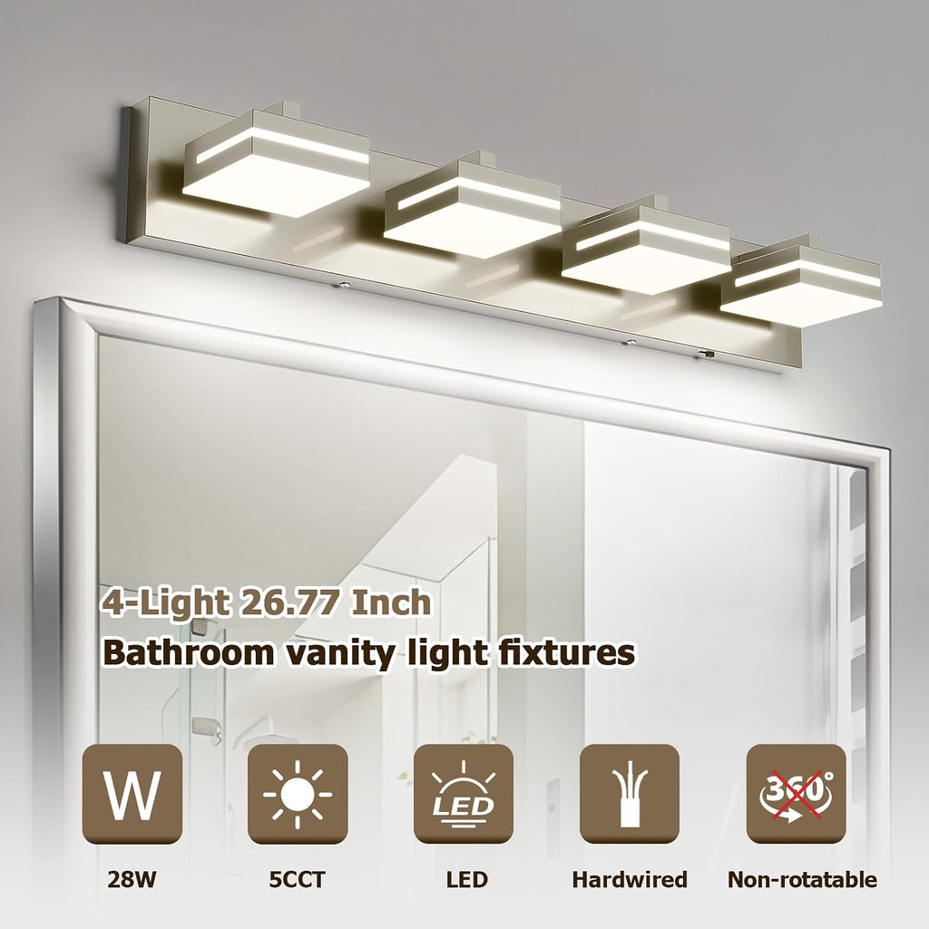 Joossnwell Bathroom Vanity Light Brushed Nickel Bathroom Lighting Fixture Over Mirror Modern (4-Light, 26.77-Inch) Dimmable 5CCT Led Bath Vanity Lighs