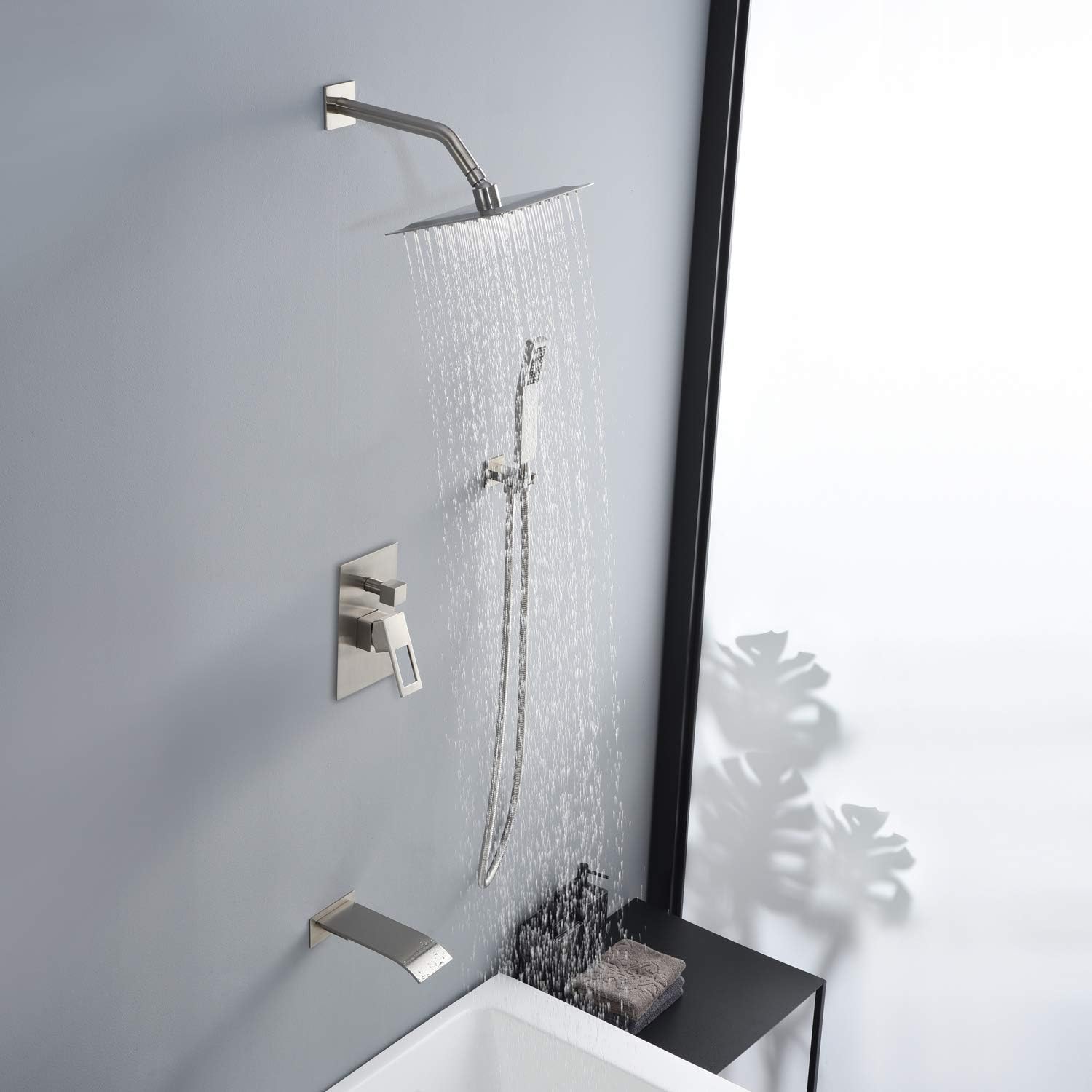 SUMERAIN Brushed Nickel Pressure Balanced Shower System with Waterfall Tub Spout, Tub Shower Faucet
