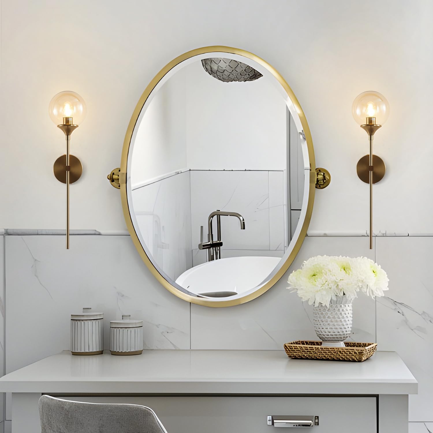 KCO Mid-Century Modern Wall Mounted Sconces Set of 2 Amber Glass Globe Wall Lamps with Long Arm Industrial Gold Wall Lights Fixture for Bedroom Bedside Stairway Hallway