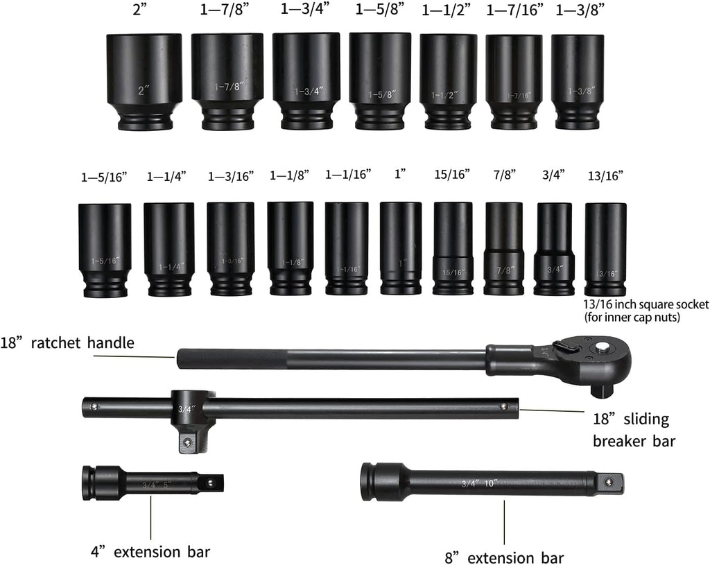 3/4' Drive Impact Socket Set, 21 Piece Deep Socket Assortment, 6-Point Deep Imperial Sizes (3/4-Inch to 2-Inch) | Cr-Mo Steel Includes Adapters and Ratchet Wrench Andextension Rod