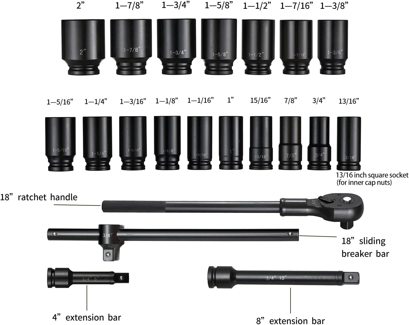 3/4' Drive Impact Socket Set, 21 Piece Deep Socket Assortment, 6-Point Deep Imperial Sizes (3/4-Inch to 2-Inch) | Cr-Mo Steel Includes Adapters and Ratchet Wrench Andextension Rod