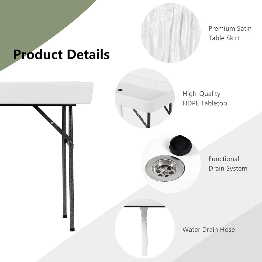 COSTWAY 4FT Cooler Table, Folding Ice Table for Parties with Drain & Bucket & Removable Skirt, Ideal for Tailgate, BBQ & Picnic