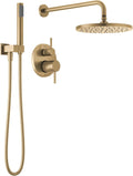 Delta Modern 14 Series Round Rain Shower System Faucet Set, Rainfall Brushed Gold Shower Head and Handle Set, Valve Trim Kit, 10 Inch, Champagne Bronze T342702-CZ (Valve Not Included)