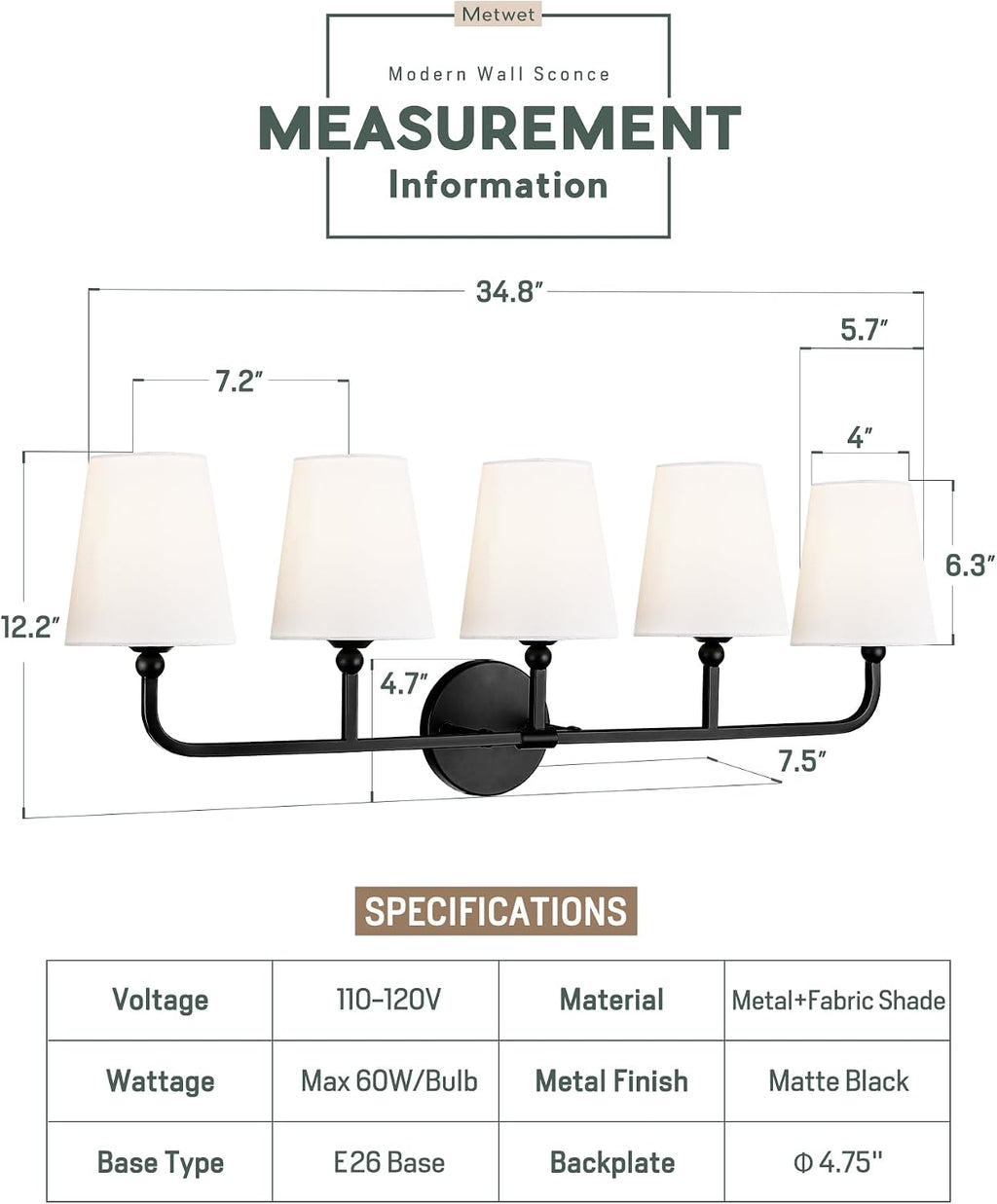 Bathroom Light Fixtures, 5 Light Matte Black Vanity Lights with Flared White Fabric Shade, 35 Inch Wall Sconce, Modern Sconces Wall Lighting for Hallway Bedroom, VL837-MB-5