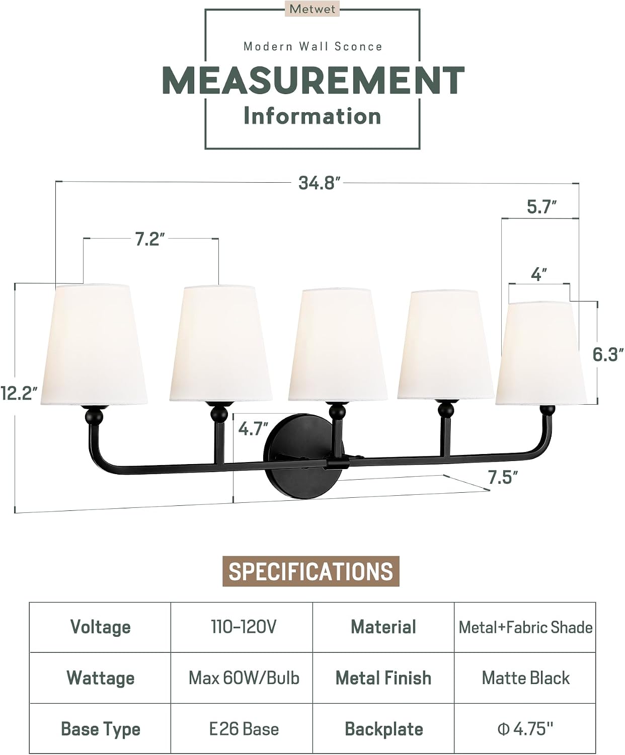 Bathroom Light Fixtures, 5 Light Matte Black Vanity Lights with Flared White Fabric Shade, 35 Inch Wall Sconce, Modern Sconces Wall Lighting for Hallway Bedroom, VL837-MB-5