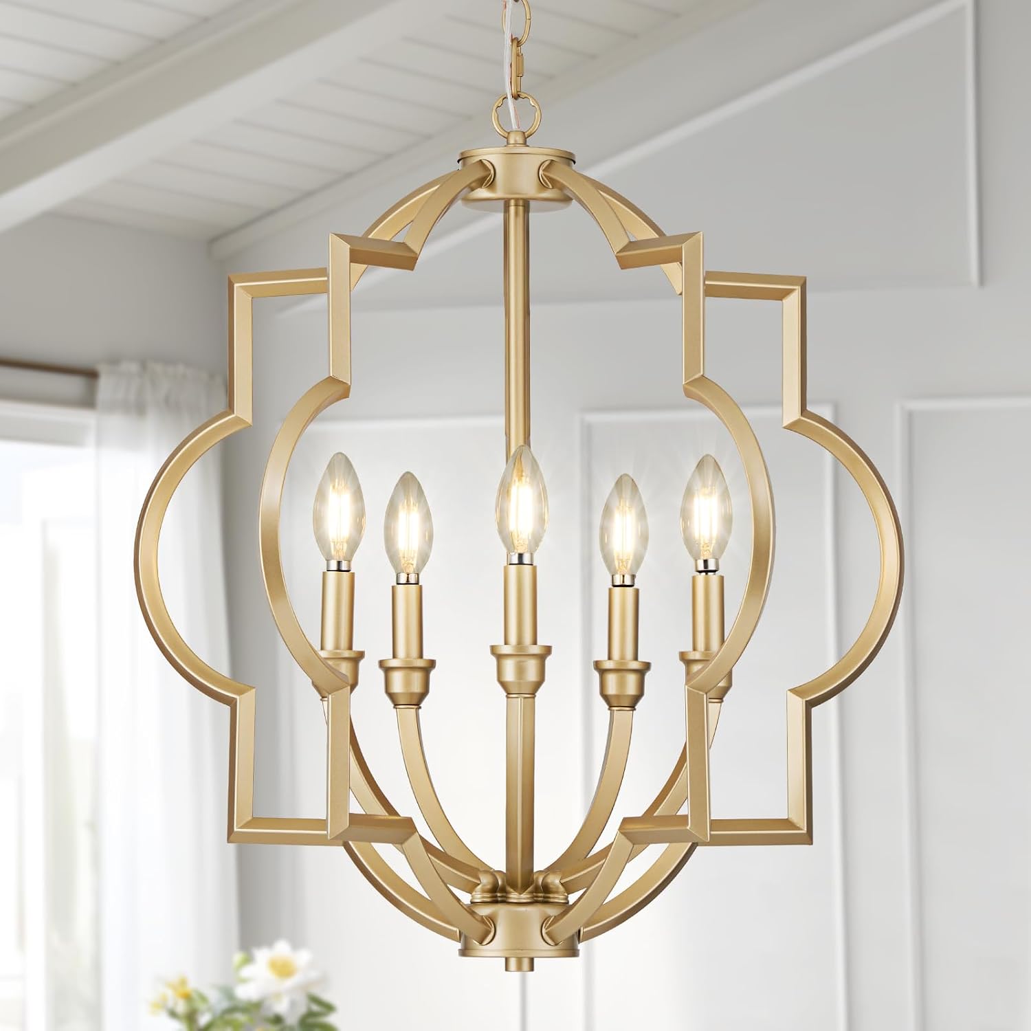 5-Light Gold Farmhouse Pendant Hanging Light Fixtures, 22' Rustic Globe Chandelier for Kitchen Island, Dining Room, Living Room, Hallway, Entryway
