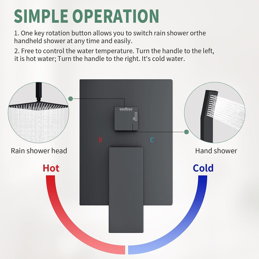 SunCleanse Rainfall Shower System Matte Black Ceiling Mounted Shower System Combo Set with High Pressure 12 Inches Square Rain Shower Head Handheld and Shower Faucet Rough-in Mixer Valve and Trim