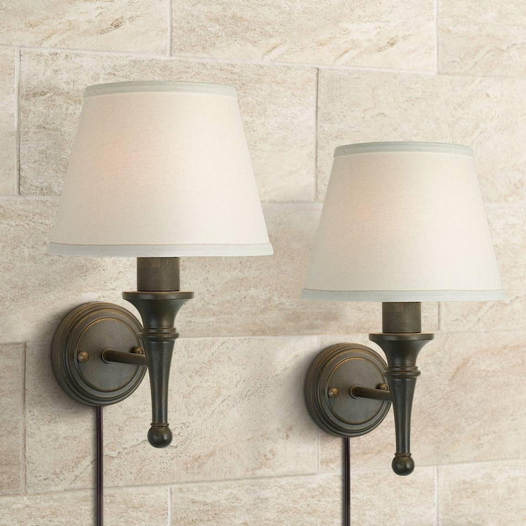 Regency Hill Braidy Rustic Wall Light Sconces Set of 2 Bronze Copper Chrome Plug-in 7' Fixture Ivory Cotton Empire Shade for Bedroom House Reading Living Room Home