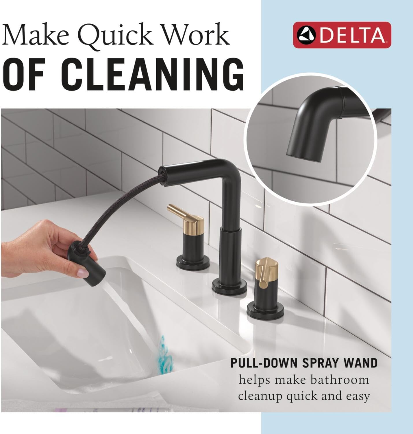 Delta Nicoli Matte Black/Brushed Gold Bathroom Faucet with Sprayer, 8 Inch 3 Hole Widespread Bathroom Sink Faucet with Pull Out Sprayer, Push-Pop Drain, Matte Black/Champagne Bronze 35849LF-GZPD