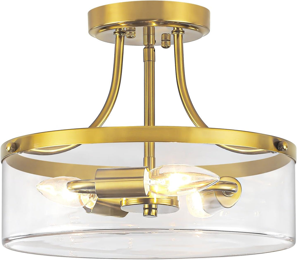 Brushed Gold Semi Flush Mount Ceiling Light, 11.81' Kitchen Lighting Fixtures Ceiling with Glass Shade, 3-Light Modern Hallway Light Fixtures for Entryway Bedroom Bathroom Foyer Laundry Dining Room