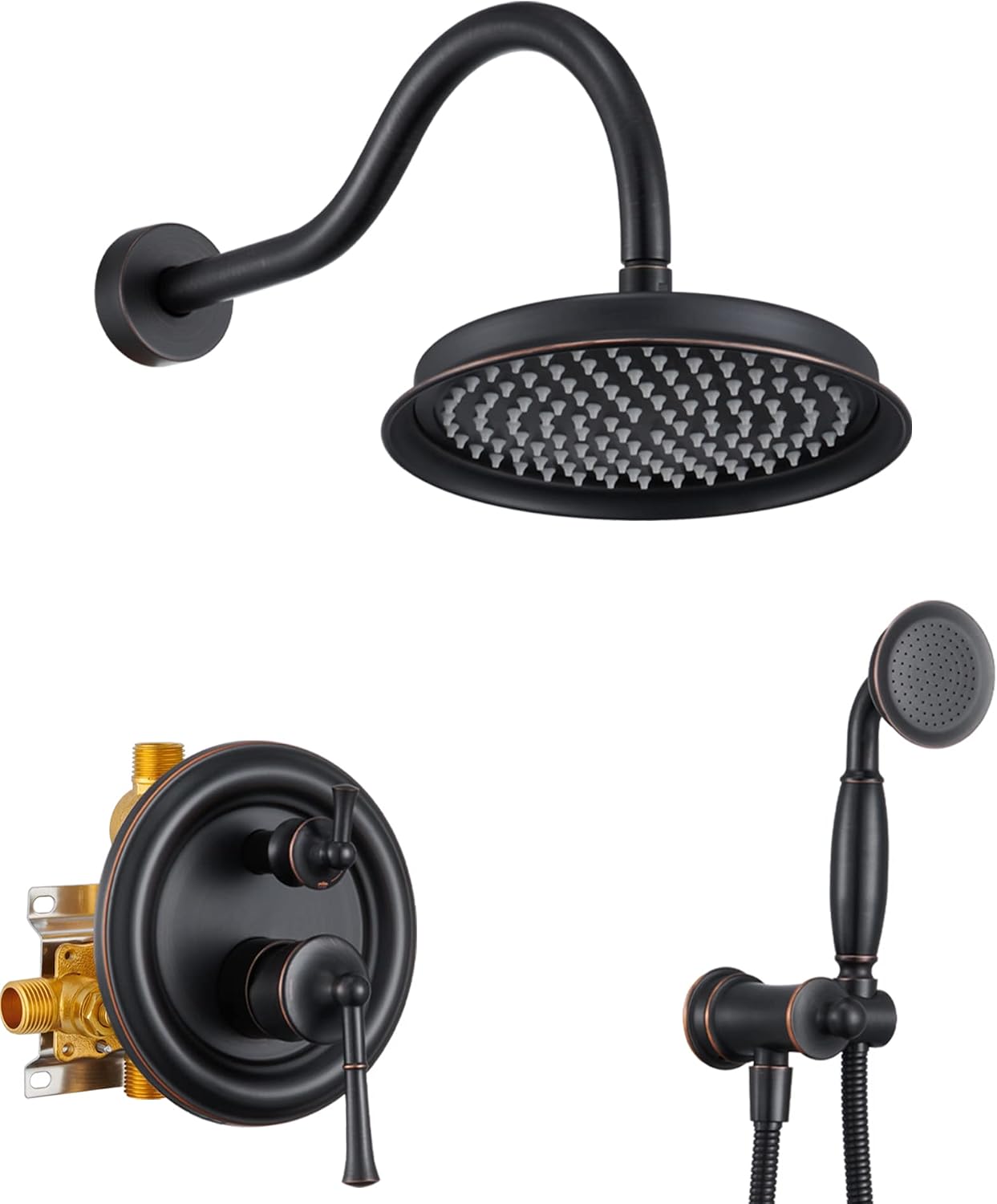 Rain Shower Head with Handheld Spray, Rainfall Shower System with Rough-in Valve, Shower Faucet Set, 9 Inch Luxury Shower Trim Kit Wall Mount, Oil Rubbed Bronze