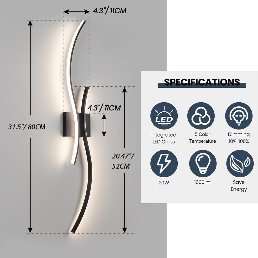 CANEOE Modern Wall Sconce Set of Two, 5CCT Dimmable Indoor Led Wall Sconce Lighting Set of 2, Hardwire Black Led Wall Lamps for Living Room Bedroom Bathroom Hallway, 31.5Inch (2 Packs)