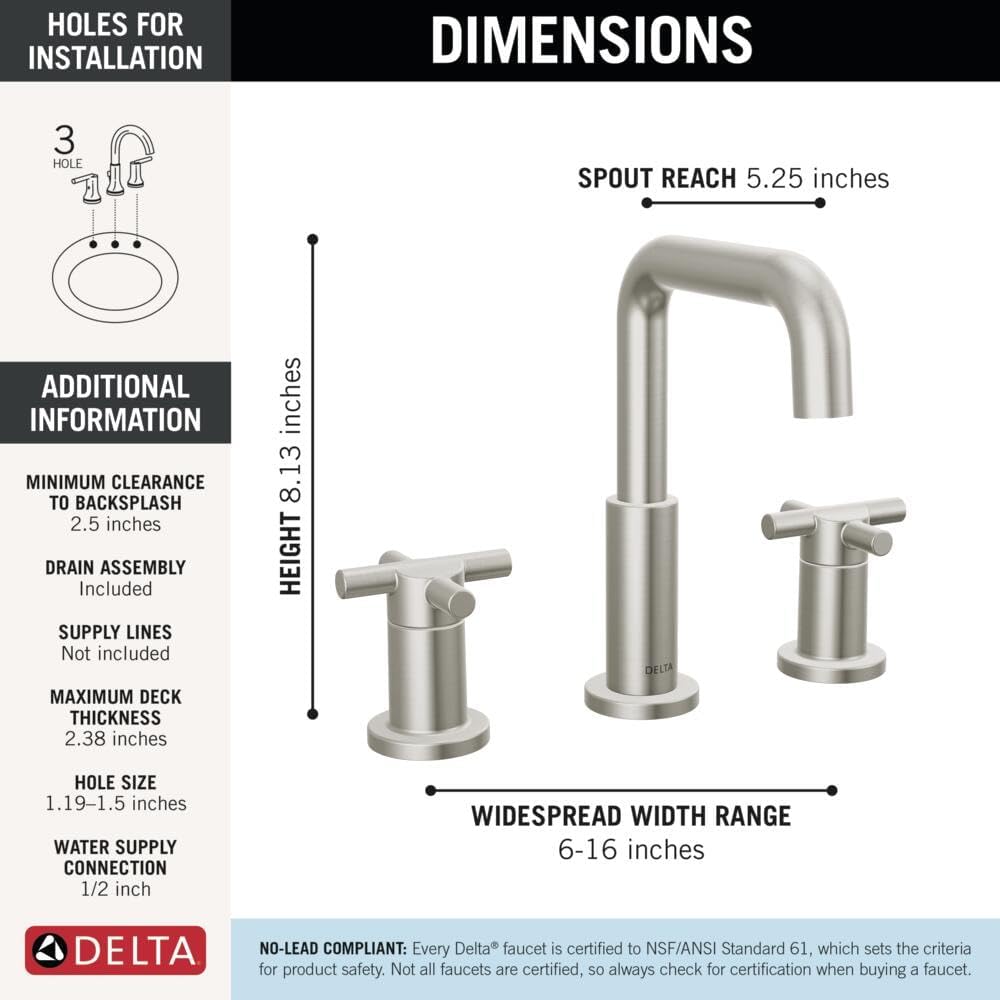 Delta Nicoli Brushed Nickel Bathroom Faucet 3 Hole, 8 Inch Widespread Bathroom Sink Faucet for Vanity, Push-Pop Drain Assembly, Drain Assembly, Stainless 35894LF-SS
