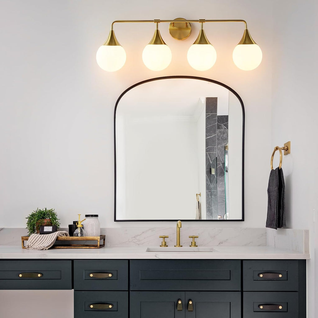 Bathroom Vanity Light Fixtures: 4 Lights Mid Century Modern Bathroom Lighting Fixtures Over Mirrors - Brass Gold Wall Sconce with Milky Glass Ball Shades for Bath Bedroom