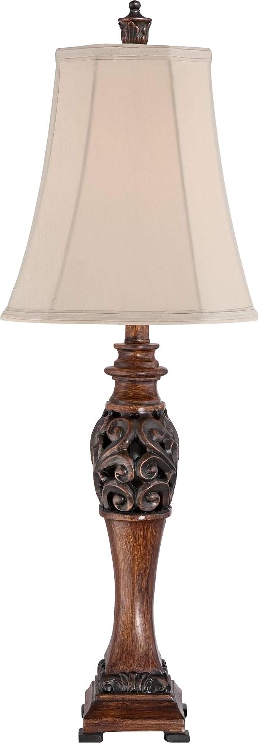 Regency Hill Exeter Traditional 3-Way Table Lamps 30' Tall Set of 2 with Table Top Dimmers Bronze Wood Carved Leaf Creme Rectangular Shade for Cottage Core Living Room Bedroom House Nightstand