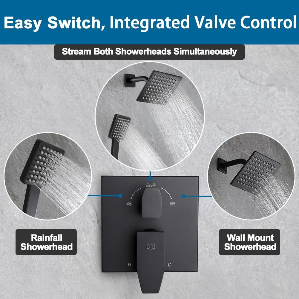 Matte Black Shower Faucet Set Rainfall 6 Inch Shower Head and Handle Set Bathroom Rain Shower System Wall Mounted Shower Fixture Include Shower Valve and Trim Kit