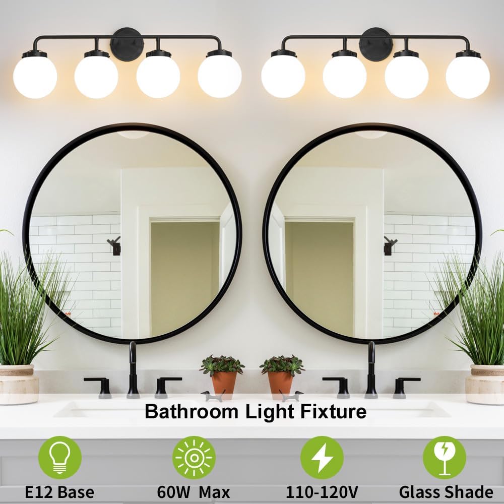 Bathroom Light Fixtures Over Mirror, 4-Light Matte Black Vanity Lighting with Milk White Glass Globe Shades Modern Wall Sconce
