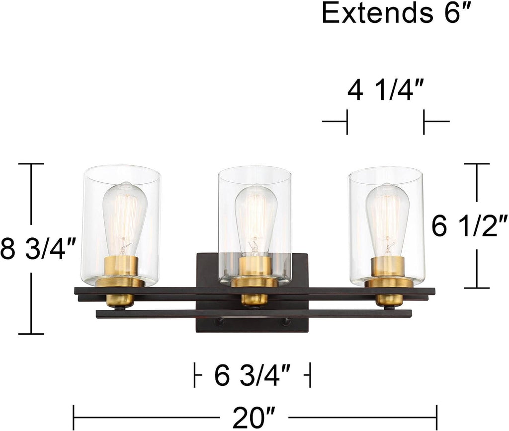 Possini Euro Design Demy Vintage Industrial Wall Mount Light Oil Rubbed Bronze Gold Hardwired 20' Wide 3-Light Fixture Clear Glass Cylinder Shade for Bathroom Vanity Mirror House Home Room Decor