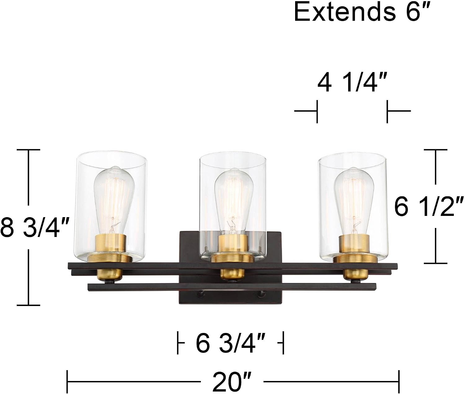 Possini Euro Design Demy Vintage Industrial Wall Mount Light Oil Rubbed Bronze Gold Hardwired 20' Wide 3-Light Fixture Clear Glass Cylinder Shade for Bathroom Vanity Mirror House Home Room Decor
