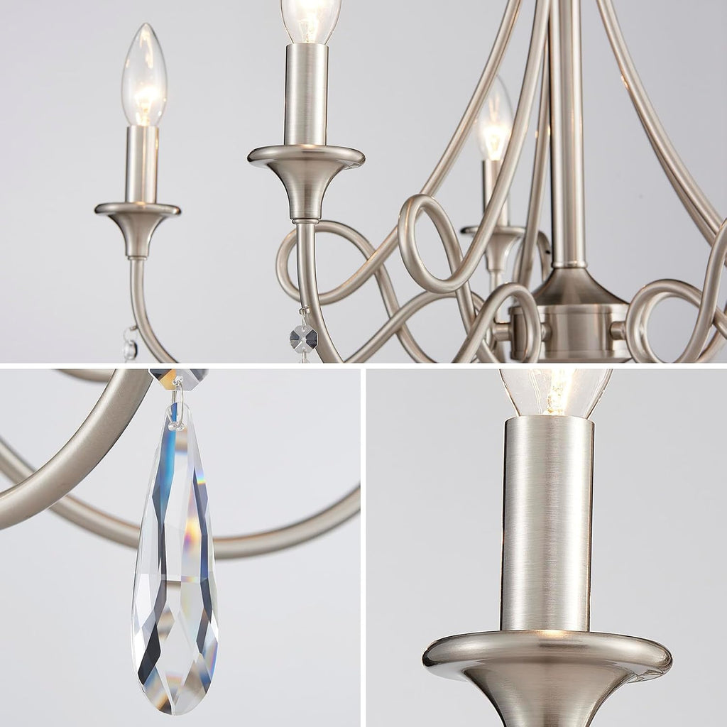 5-Light Farmhouse Chandeliers for Dining Room Lighting Fixtures Hanging, Rustic Candle Modern Chandelier Vintage Hanging Ceiling Lamp for Bedroom Kitchen Island Living Room Entryway Foyer, Nickel