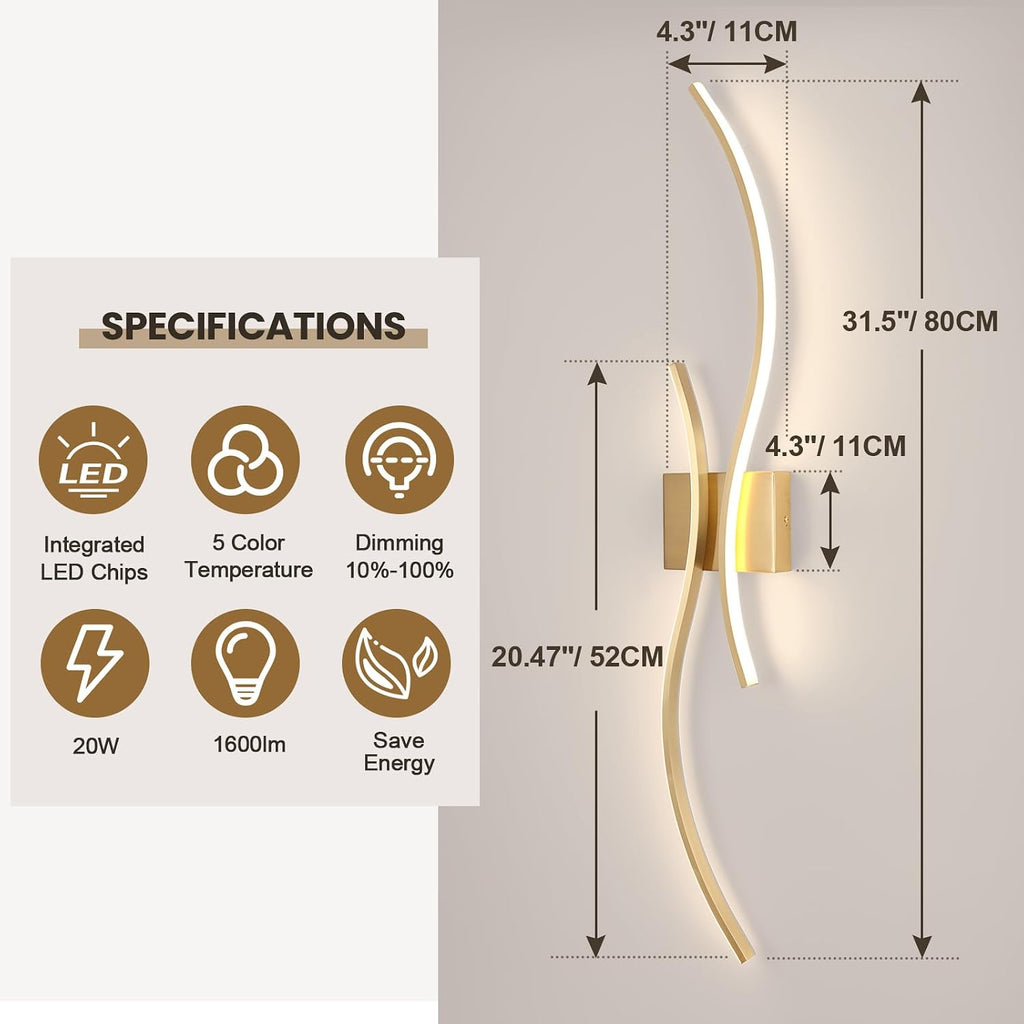 CANEOE Modern Wall Sconce Set of, 5CCT Dimmable Indoor Led Wall Sconce Lighting Set of 2, 31.5 Inch Wall Light Fixtures, Gold Led Wall Lamps for Living Room Bedroom Bathroom Hallway