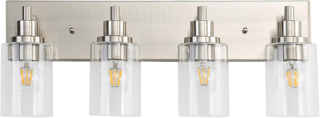 LOUSACE 4 Light Bathroom Vanity Light Brushed Nickel, Bathroom Lighting Fixtures with Clear Glass Shades Over Vanity Mirror, Modern Wall Sconces Fixtures for Bedroom Living Room, E26 Socket