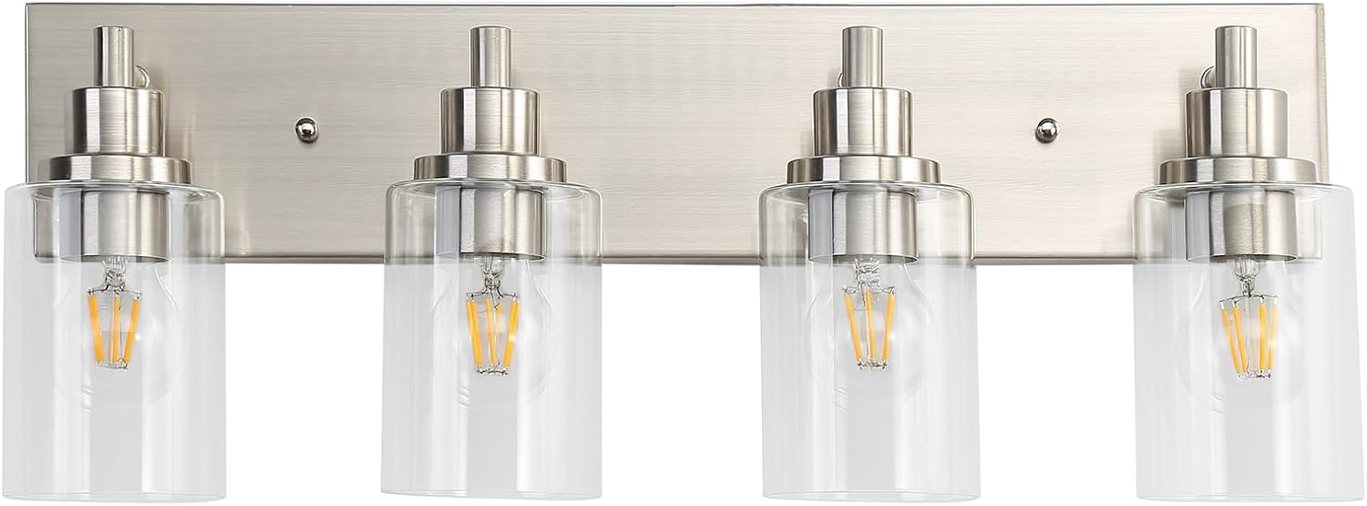LOUSACE 4 Light Bathroom Vanity Light Brushed Nickel, Bathroom Lighting Fixtures with Clear Glass Shades Over Vanity Mirror, Modern Wall Sconces Fixtures for Bedroom Living Room, E26 Socket