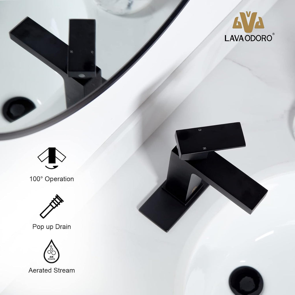 Lava Odoro Matte Black Bathroom Faucet 1 Hole, Modern Single Hole Bathroom Sink Faucet for Vanity with Pop up Drain Assembly, Deck Plate Included, 1.2 GPM Water Flow, BF307-B