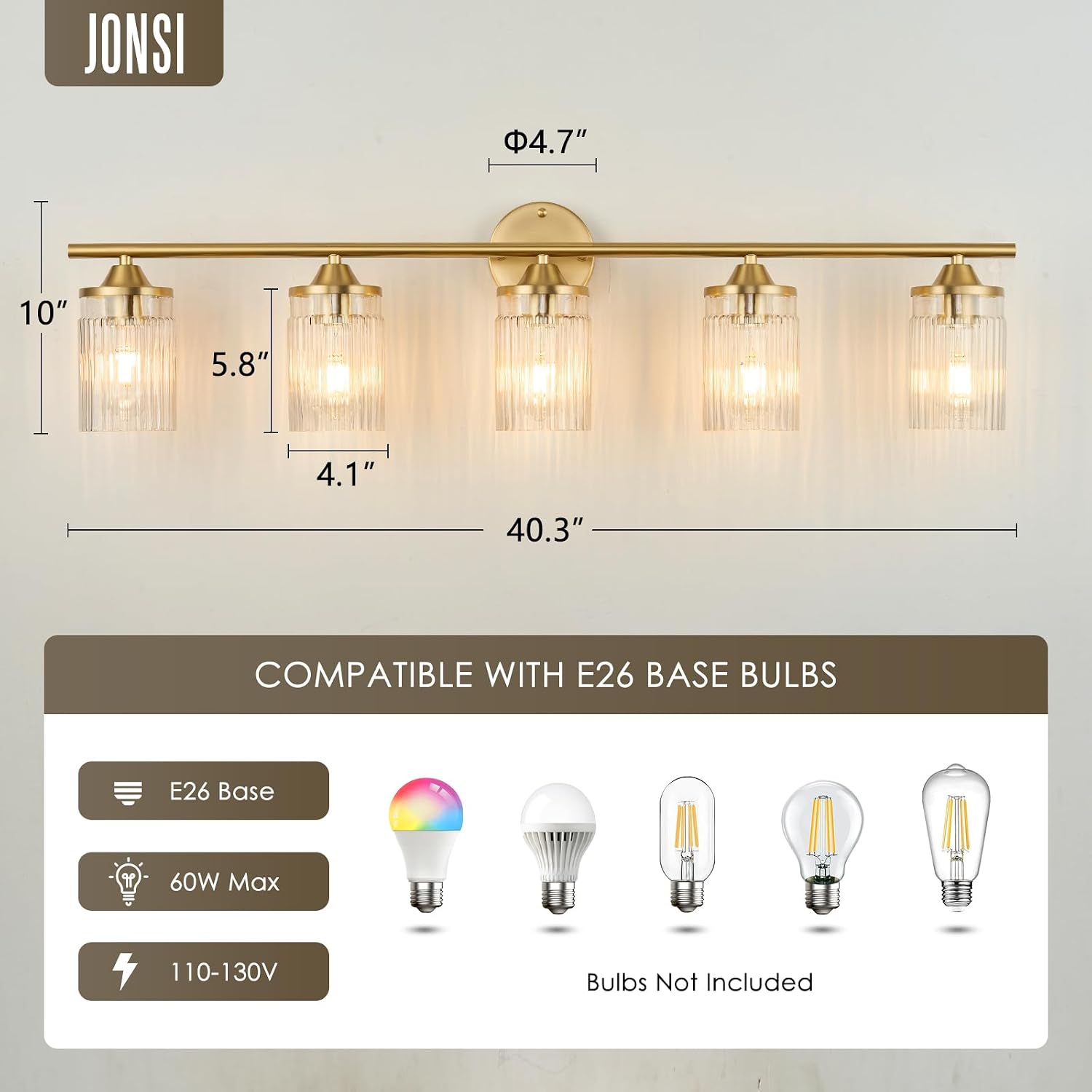 Jonsi Gold Bathroom Light Fixtures 5-Light Vanity Lights Modern Wall Sconce with Clear Glass Shade Brushed Brass Bathroom Light Fixture Over Mirror for Bedroom Hallway Kitchen