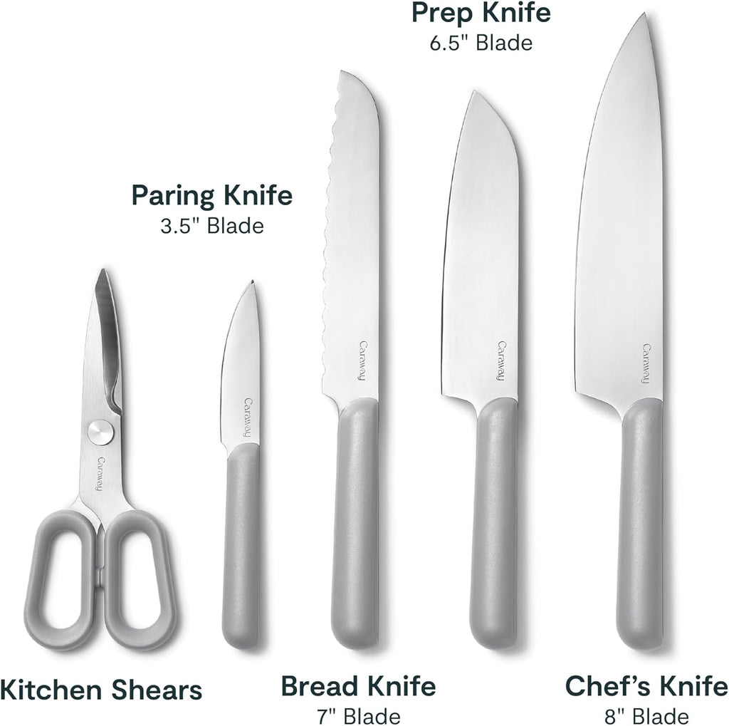 Caraway 5 Piece Knife Set - Premium German Steel Blade Kitchen Knives - Ergonomic Handles - No Microplastics - Gray