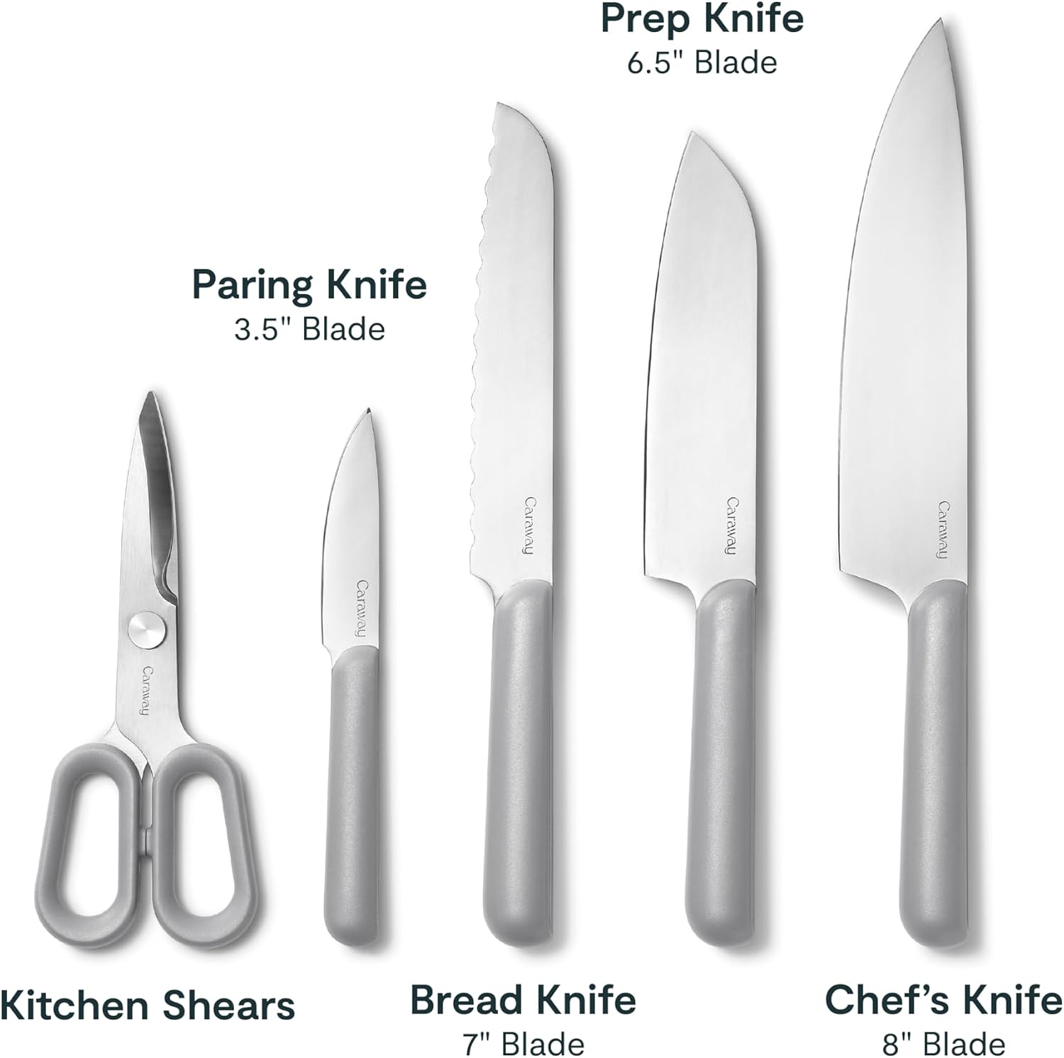 Caraway 5 Piece Knife Set - Premium German Steel Blade Kitchen Knives - Ergonomic Handles - No Microplastics - Gray