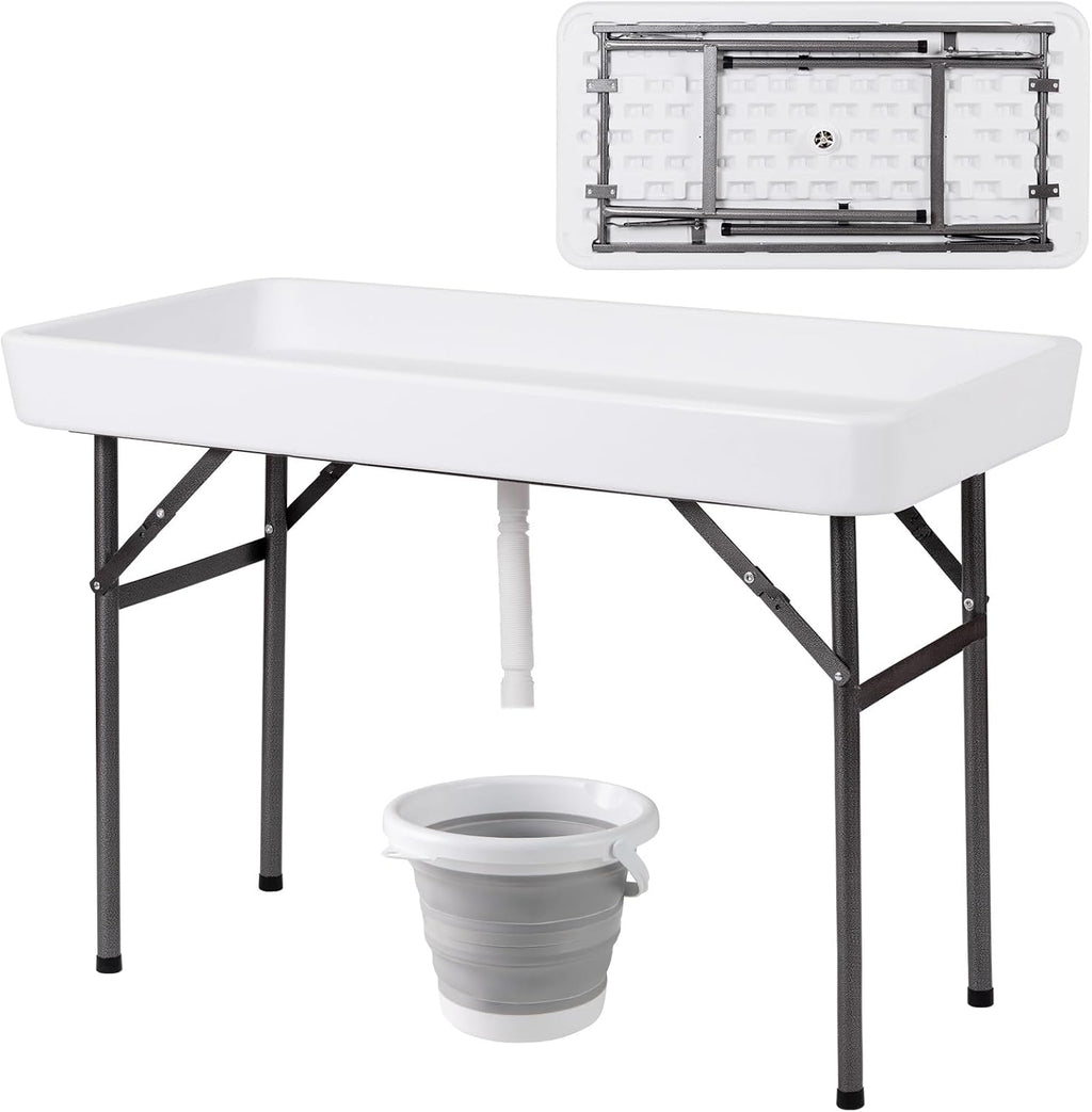 Giantex 4 FT Folding Ice Cooler Table with Drain & Bucket, Removable Skirt, No Assembly, Portable Fill and Chill Table for Food Drink Beverage, Foldable Party Ice Bin for Camping BBQ, White