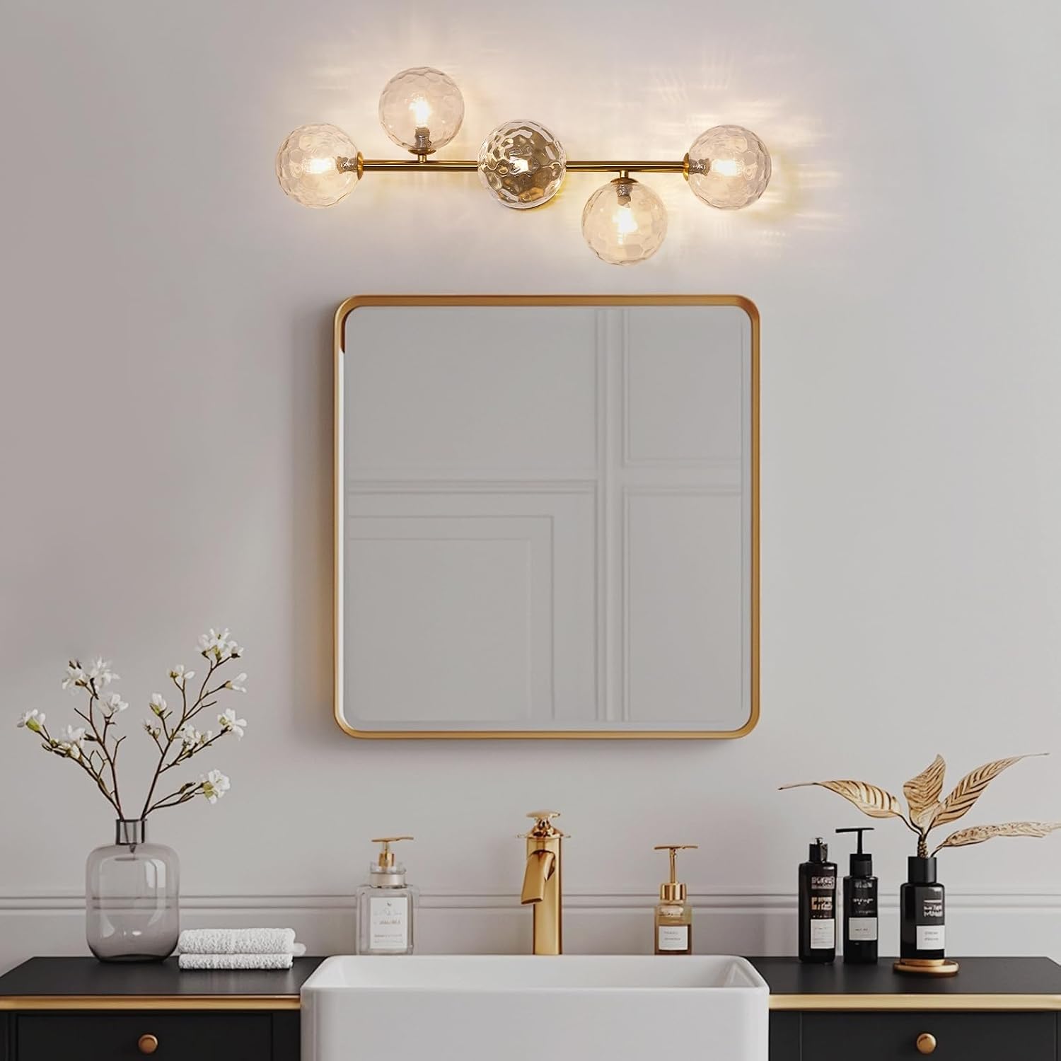 Bathroom Vanity Mirror Light Fixtures: Dimmable 5 Lights Bath Wall Sconce Lighting - Brass Gold Vanity Lights with Hammered Clear Glass Shade - Modern Minimalist Makeup Light Above Mirror G9 Base