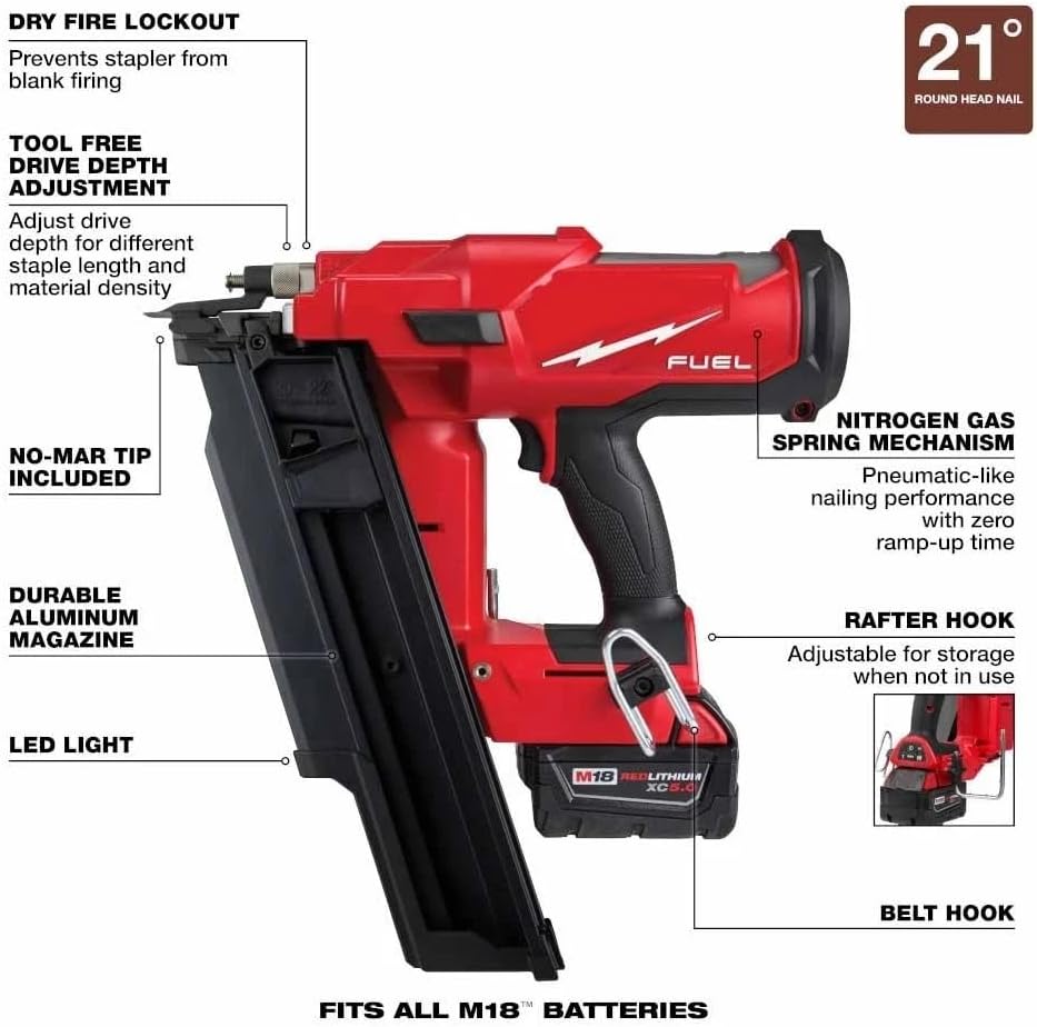2744-21 for Milwaukee M18 18V Cordless Power 21-Degree Framing Nailer Kit | Length 14.1in Height 15.2in Width 4.7in Weight 10.05lbs