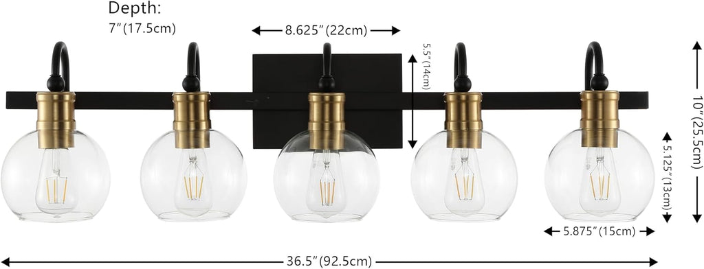 JONATHAN Y 36.5' Black/Brass Gold Vintage Wall Sconce, LED Vanity Light for Bathroom Bedroom Entryway, Clear Glass Globe Shade, Modern Industrial Arched Lamp, LED Bulb Included (JYL3556A)