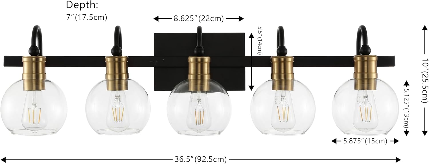 JONATHAN Y 36.5' Black/Brass Gold Vintage Wall Sconce, LED Vanity Light for Bathroom Bedroom Entryway, Clear Glass Globe Shade, Modern Industrial Arched Lamp, LED Bulb Included (JYL3556A)
