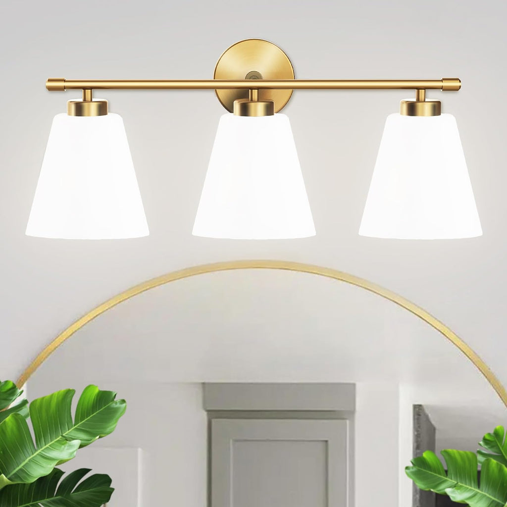 Hamilyeah Gold Bathroom Vanity Light Fixtures Over Mirror, 3 Light Vanity Lights with Frosted Glass, Industrial Vanity Lighting Fixtures for Bath, Restroom