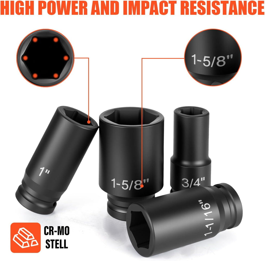 3/4' Drive Deep Impact Socket Set,21Pcs SAE (3/4 to 2 Inch) Sizes with Ratchet Wrench (24 tooth) Andextension Rod,6-Point Socket,Cr-Mo Steel Includes Adapters
