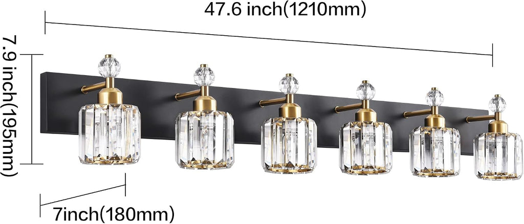 PRESDE Crystal 6 Light Bathroom Vanity Lights Black and Gold Bathroom Lights Fixtures Over Mirror Modern Bedroom Hallway