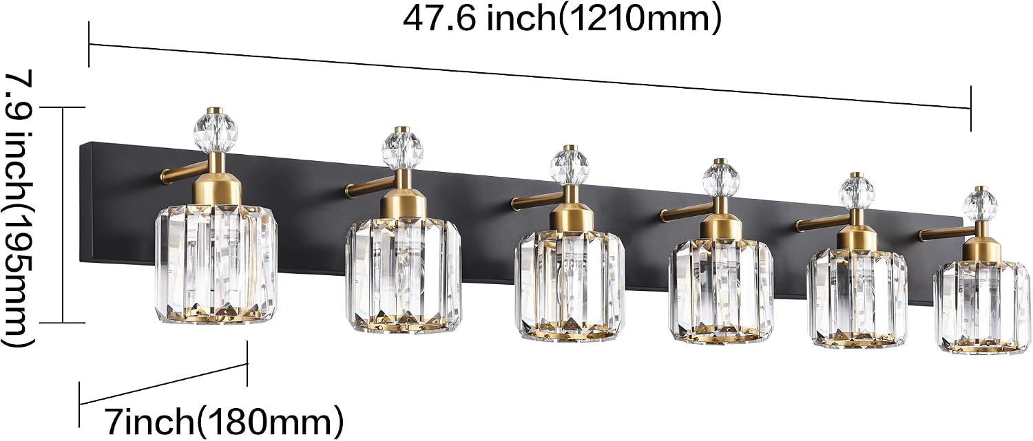 PRESDE Crystal 6 Light Bathroom Vanity Lights Black and Gold Bathroom Lights Fixtures Over Mirror Modern Bedroom Hallway