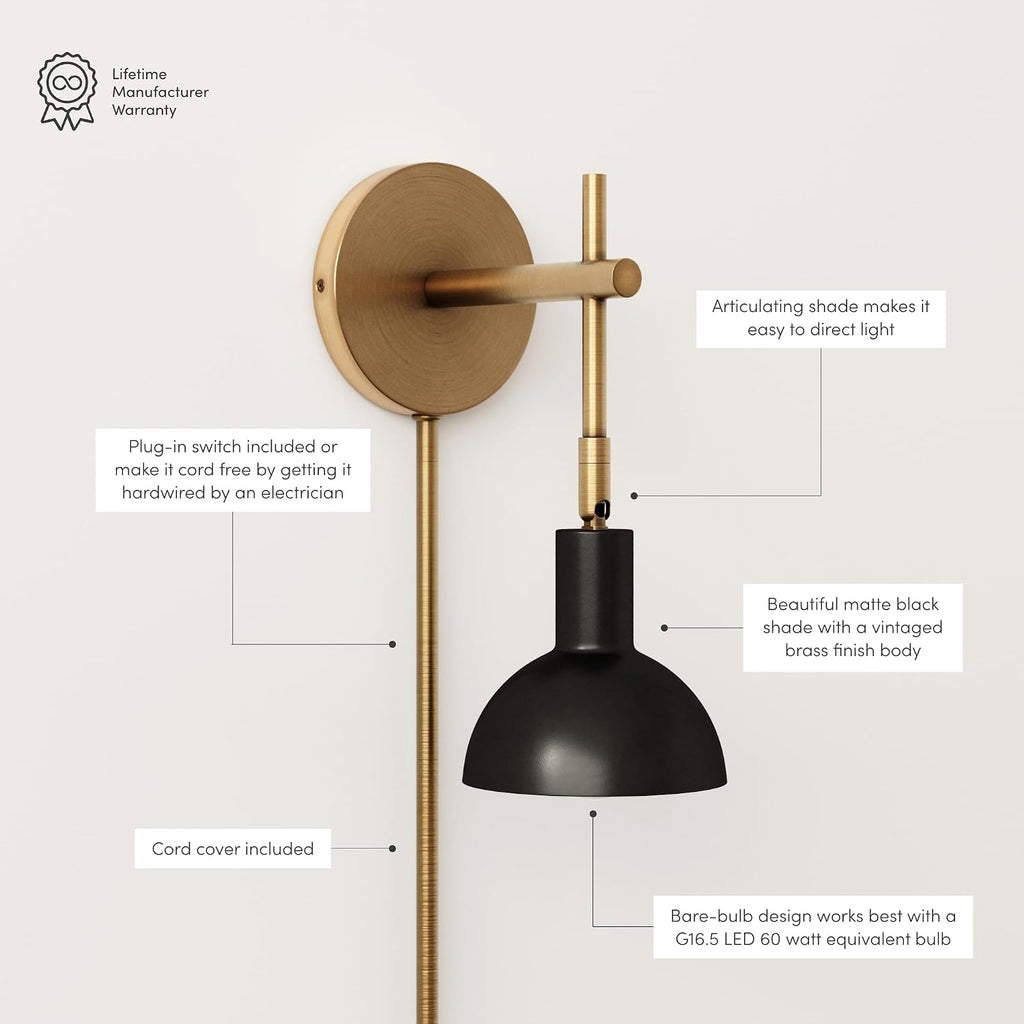 Nathan James Tamlin Wall Light Fixture, Wall Mounted 1-Light Lamp, Plugin Sconce with On/Off Switch for Living Room, Reading Nook or Bedroom, Vintage Brass/Matte Black, Set of 2