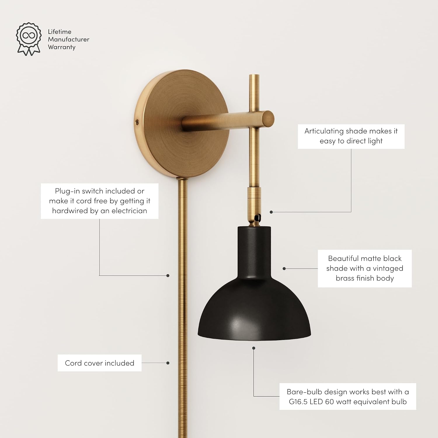 Nathan James Tamlin Wall Light Fixture, Wall Mounted 1-Light Lamp, Plugin Sconce with On/Off Switch for Living Room, Reading Nook or Bedroom, Vintage Brass/Matte Black, Set of 2