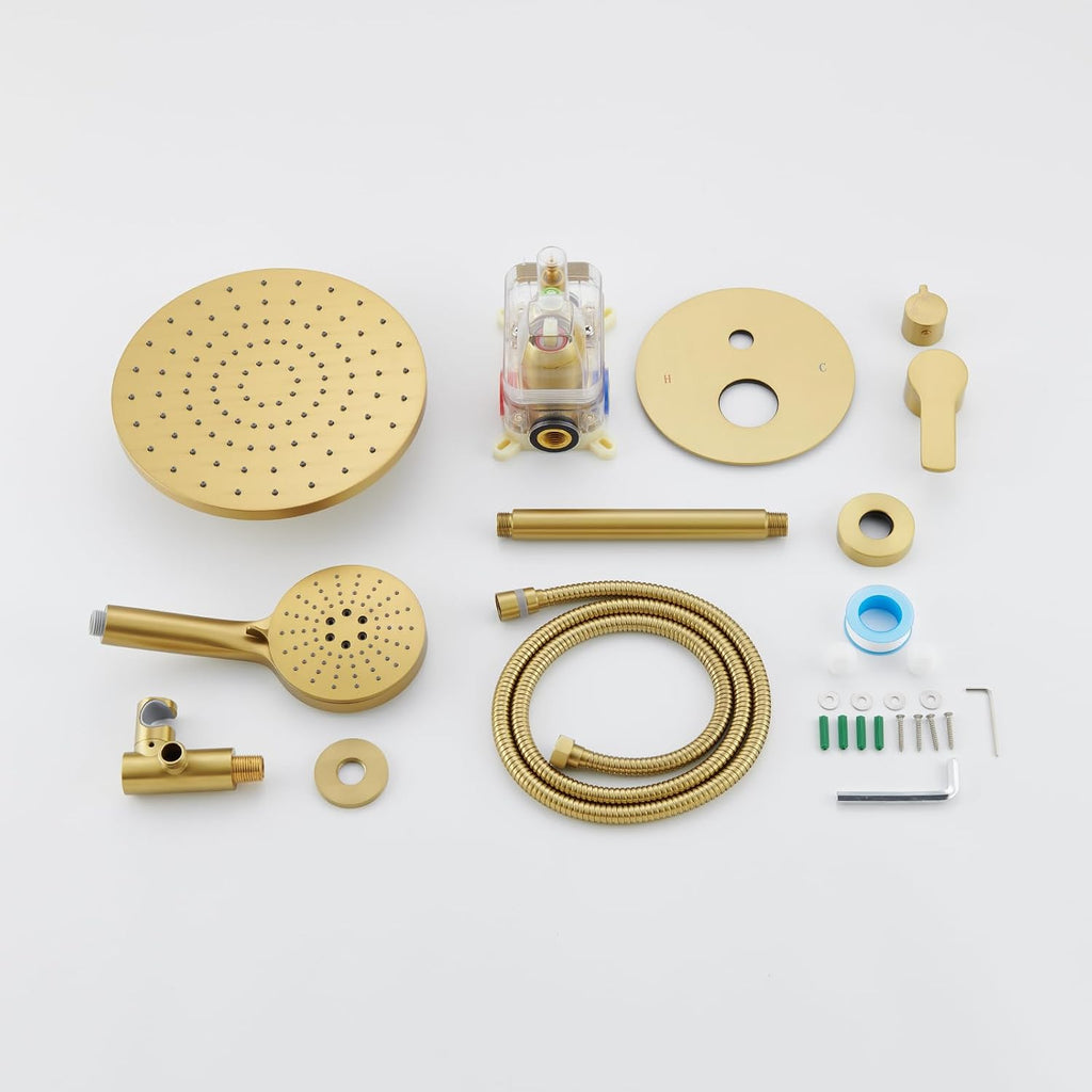 Iriber Shower System Ceiling Mounted Shower Faucet Mixer Set with Luxury High Pressure Shower head and 3-Setting Handheld, Bathroom Shower Trim Kit Contain Pressure Balance Valve,Brushed Gold