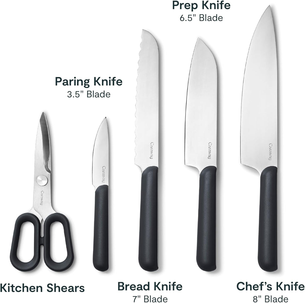 Caraway 5 Piece Knife Set - Premium German Steel Blade Kitchen Knives - Ergonomic Handles - No Microplastics - Charcoal