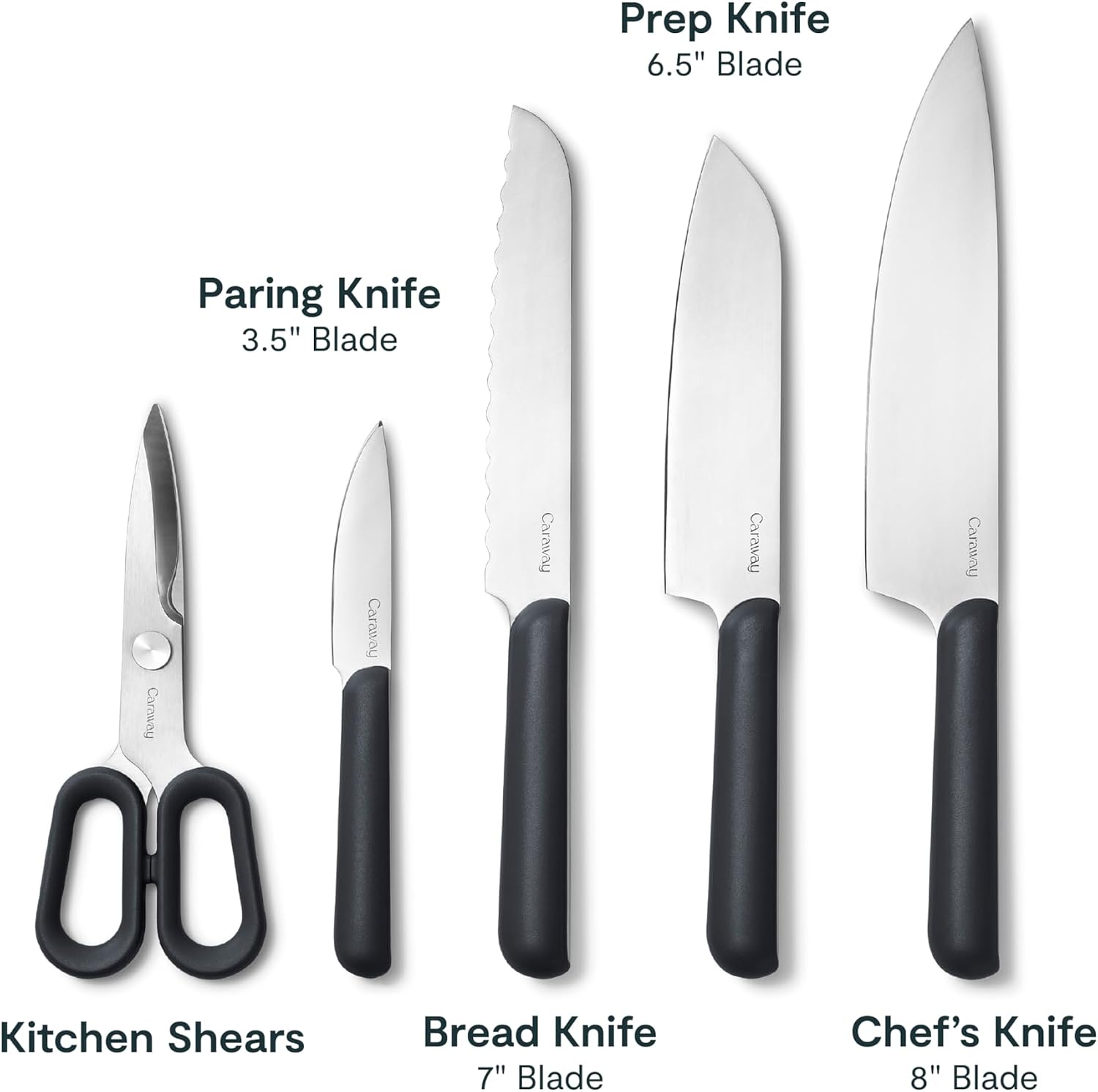 Caraway 5 Piece Knife Set - Premium German Steel Blade Kitchen Knives - Ergonomic Handles - No Microplastics - Charcoal