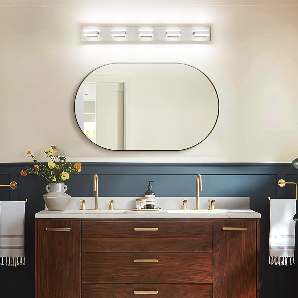 SOLFART Bathroom Brushed Nickel Bathroom Light Fixture, Vanity Lights Over Mirror, 5 Light Led Lights for Bathrooms,5 Color Temperature Adjustable Vanity Lights for Bath Nickel