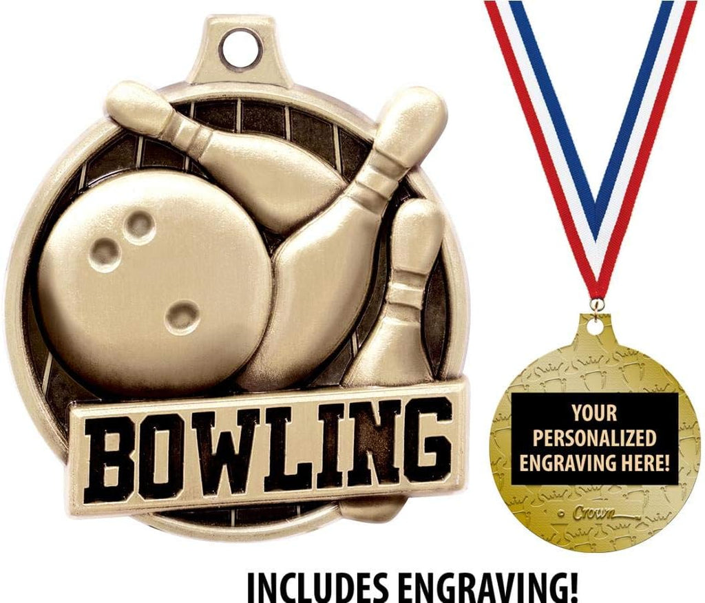 Bowling Medals - 1 1/2' Gold Bowling Medals, Great Kids Bowling Awards with Custom Engraving