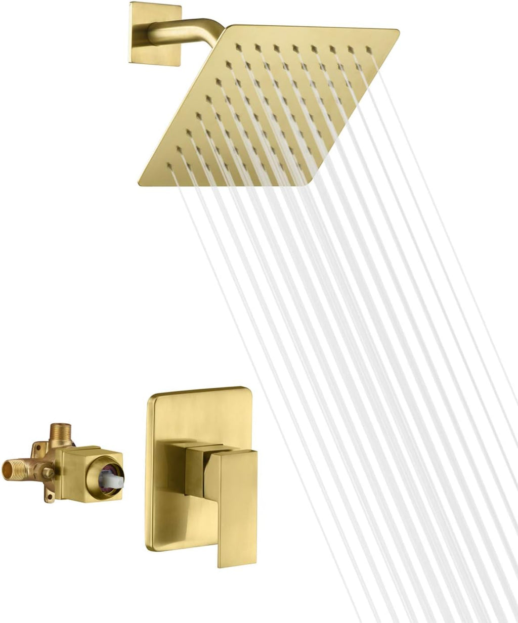 sumerain Pressure Balance Shower Faucet Brushed Gold Finish, 8' Square Rainfall Shower Head Including Rough-In Valve Body and Trim